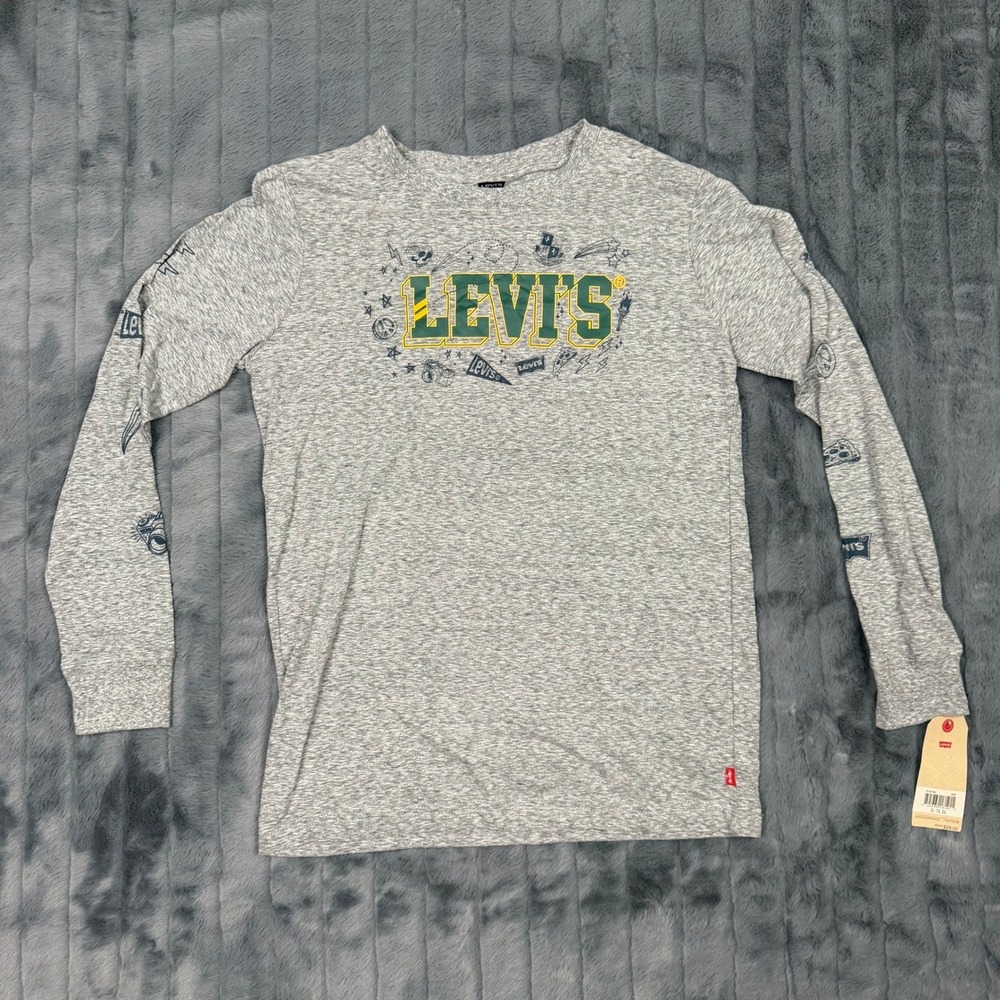 Levis Boys XL Gray Long Sleeve Graphic T-Shirt Varsity Logo Pizza Doodles 91G788